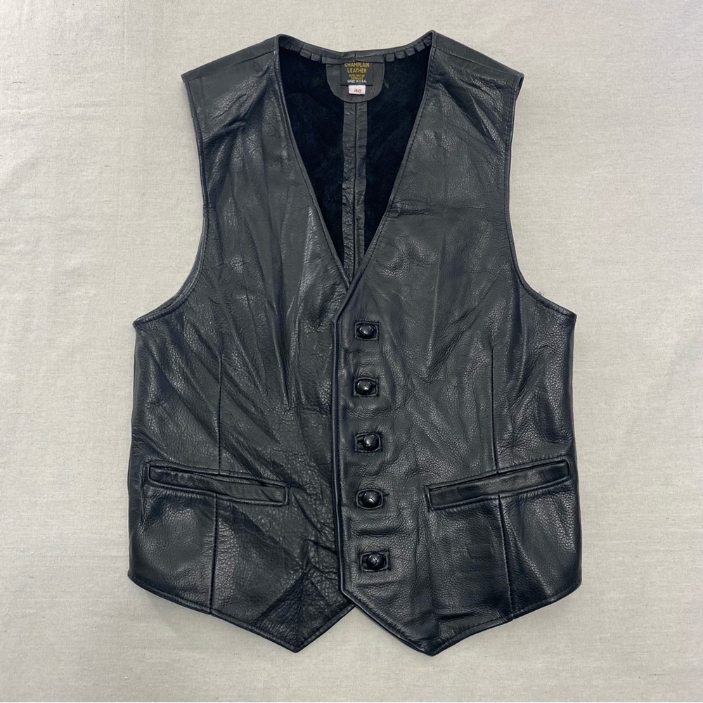 VTG Champlain Leather Vest 5 Buttons Black Sz 40 Burlington Vermont Made In USA